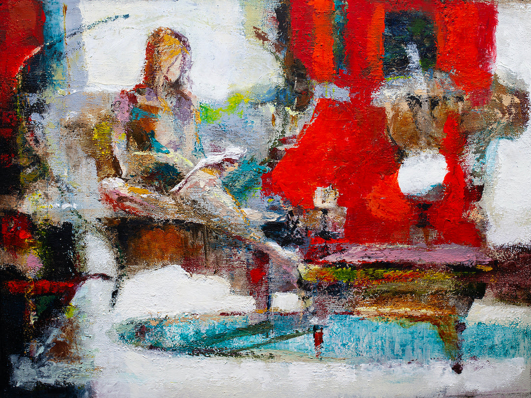 Limited edition fine art canvas featuring rich, abstract figurative forms in vibrant red, white, and muted earth tones with. - The Book of Color/AP/#368 - Abstract AP, Artist Proofs, Figurative AP, Rolled Canvas