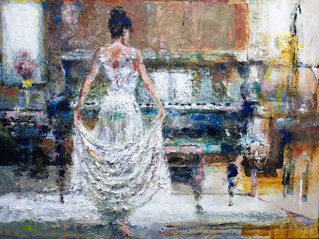 Richly textured fine art canvas depicting a woman in a white gown standing before a piano, showcasing gallery-level. - Encore in White/AP/#369 - Artist Proofs, Figurative AP, Rolled Canvas, Women & Piano AP