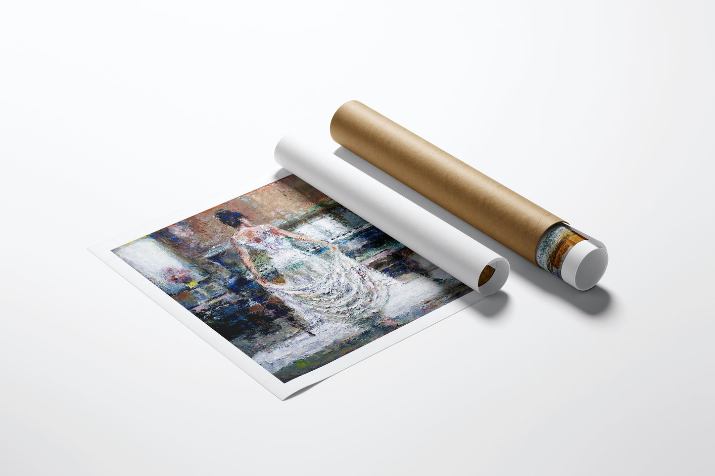 Rolled canvas fine art print titled Encore in White featuring a rich, detailed figurative scene of a woman with a piano,. - Encore in White/AP/#369 - Artist Proofs, Figurative AP, Rolled Canvas, Women & Piano AP