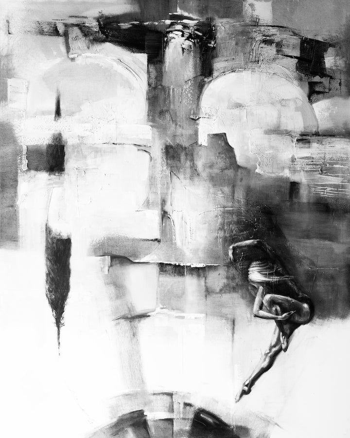 Limited fine art canvas featuring abstract black and white forms with rich tonal contrasts and textured brushwork,. - Time and Space/#36/D - Abstract, Black & White, Color, Figurative, Prints, Subject Matter
