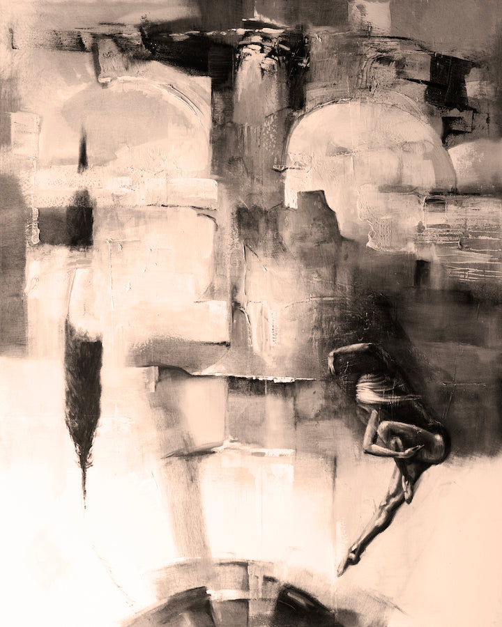 Sepia-toned abstract figurative artwork blending soft geometric shapes and expressive brushstrokes, showcasing fine art. - Time and Space/#36/E - Abstract, Color, Figurative, Prints, Sepia, Subject Matter
