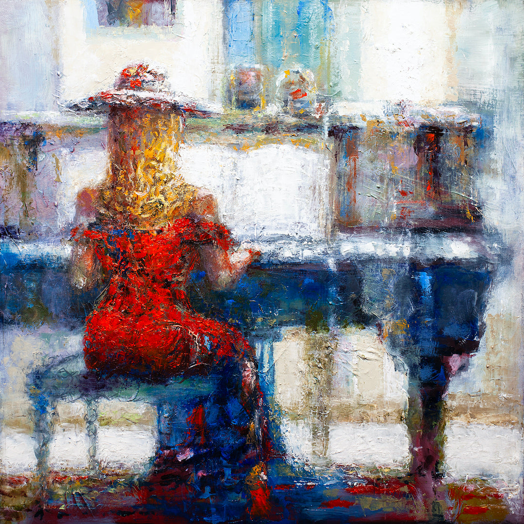 Richly textured fine art of a woman in a red dress seated at a piano, layered brushstrokes enhancing gallery-level. - Harmony and Color/AP/#370 - Artist Proofs, Figurative AP, Rolled Canvas, Women & Piano AP