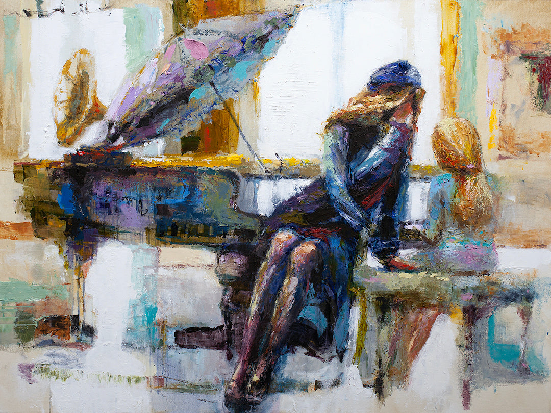 Richly textured fine art painting of two women by a grand piano, showcasing gallery-level craftsmanship in warm tones. - Love Inspires Love/AP/#371 - Artist Proofs, Figurative AP, Rolled Canvas, Women & Piano AP