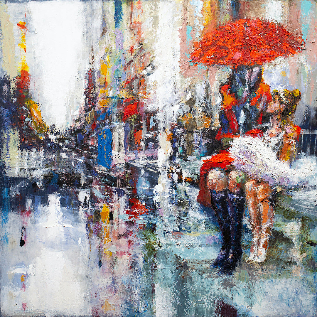Rich fine art canvas featuring an abstract cityscape with figures under a vibrant red umbrella, showcasing gallery-level. - Love Shelter/AP/#372 - Abstract AP, Artist Proofs, Figurative AP, Rolled Canvas