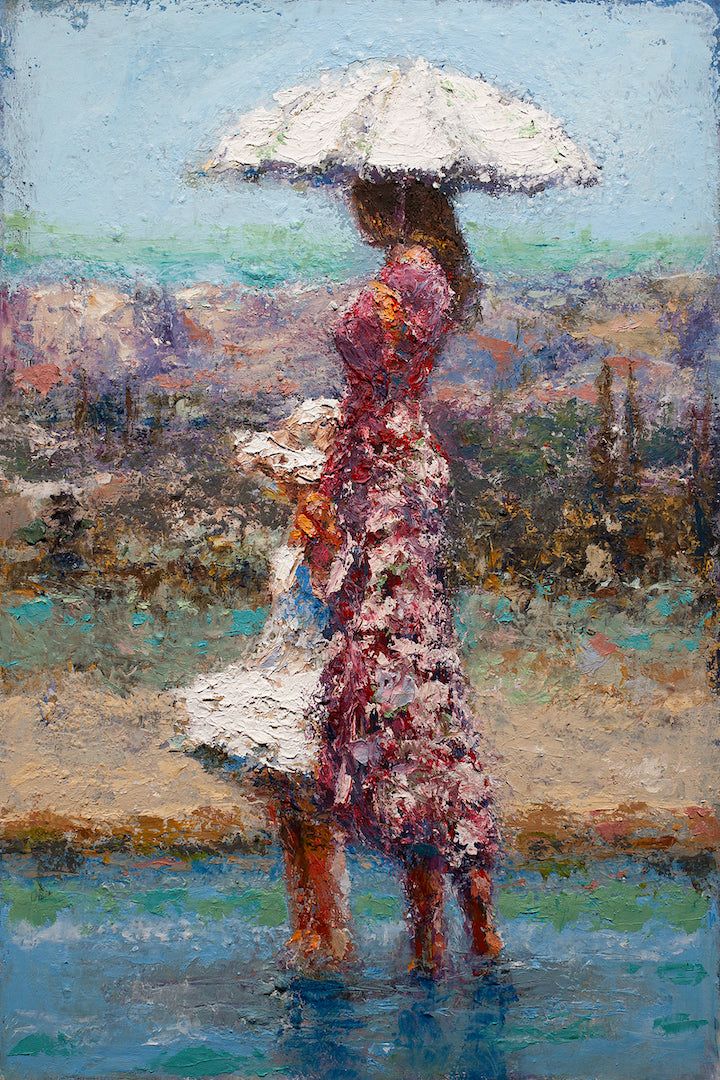 Limited fine art painting of a woman in a red floral dress holding a white umbrella, standing near water with a textured,. - Cooling Off/AP/#373 - Artist Proofs, Figurative AP, Rolled Canvas