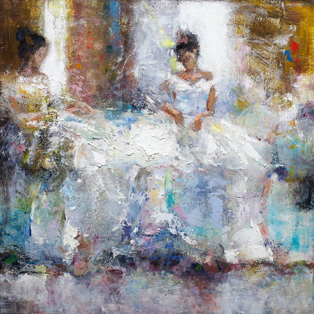 Abstract figurative fine art of two ballerinas in white tutus, rendered with rich texture and soft pastel tones, showcasing. - Love is in the Air/AP/#374 - Abstract AP, Artist Proofs, Figurative AP, Rolled Canvas