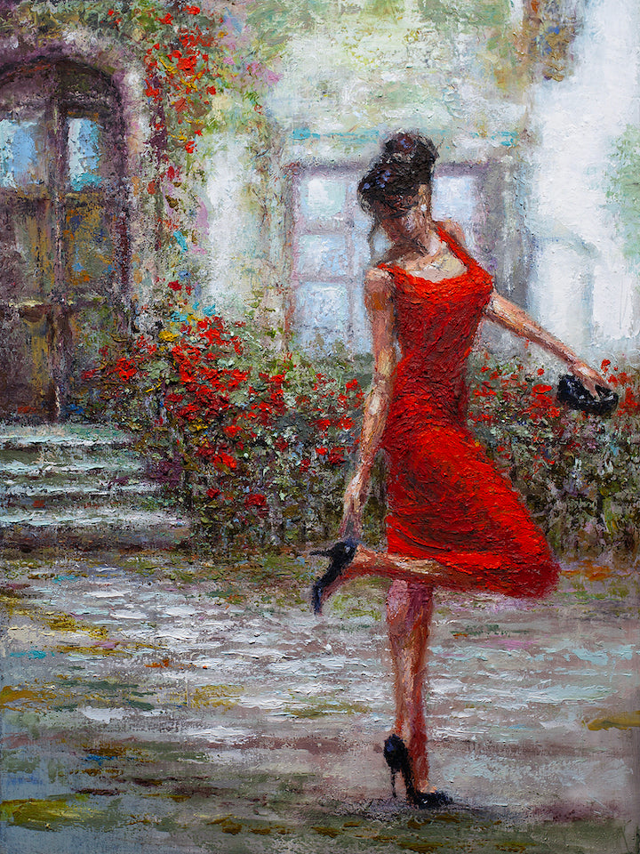 Fine art canvas showing a woman in a flowing red dress and black heels stepping gracefully on a cobblestone path surrounded. - Red Blossoms/AP/#375 - Artist Proofs, Cityscape AP, Figurative AP, Rolled Canvas
