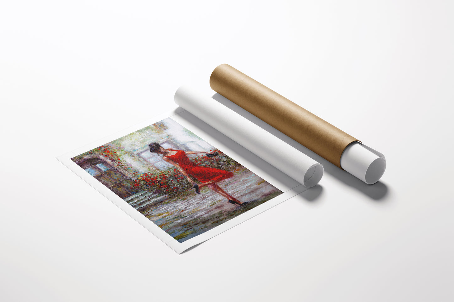 Limited edition fine art print titled Red Blossoms featuring a rich cityscape and figurative scene with a woman in a red. - Red Blossoms/AP/#375 - Artist Proofs, Cityscape AP, Figurative AP, Rolled Canvas