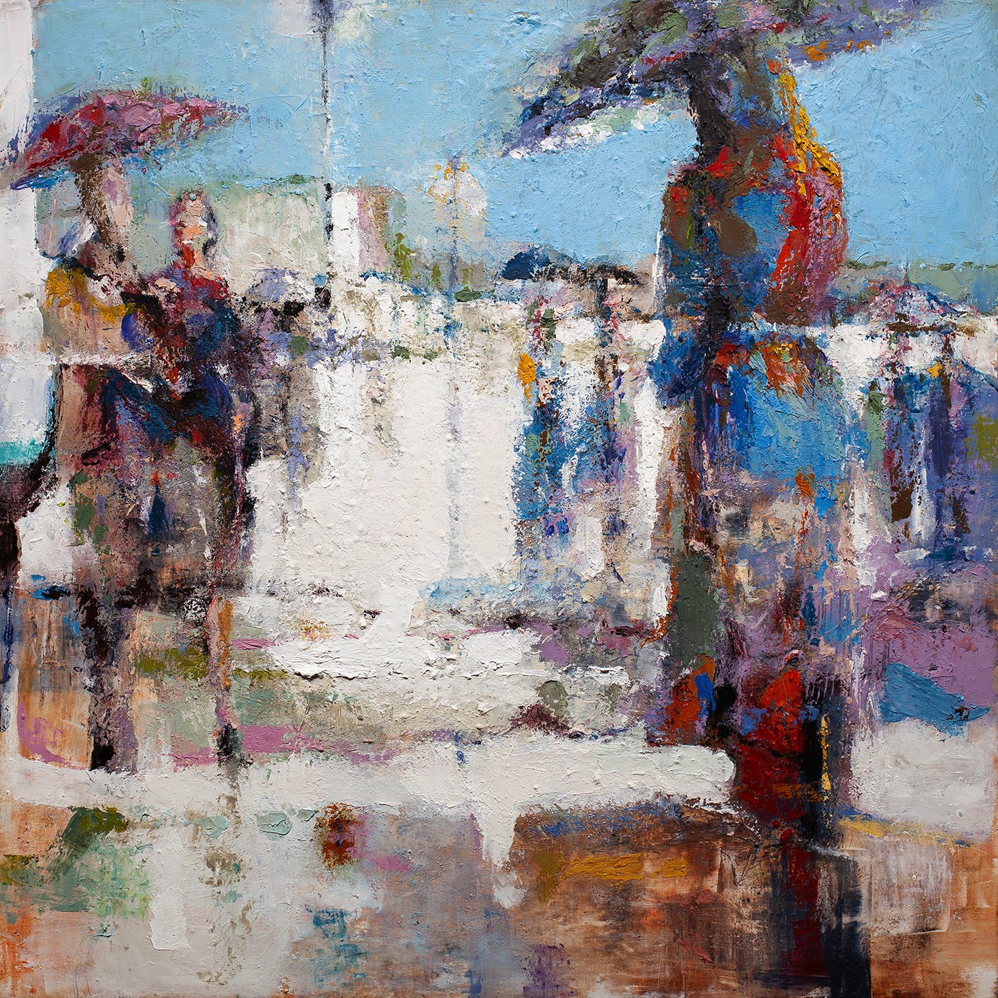 Limited edition fine art canvas featuring abstract figurative scene with rich blues, reds, and neutrals showcasing skilled. - Rainy Day Banter/#376 - Abstract LE, Figurative LE, Limited Editions, Rolled Canvas