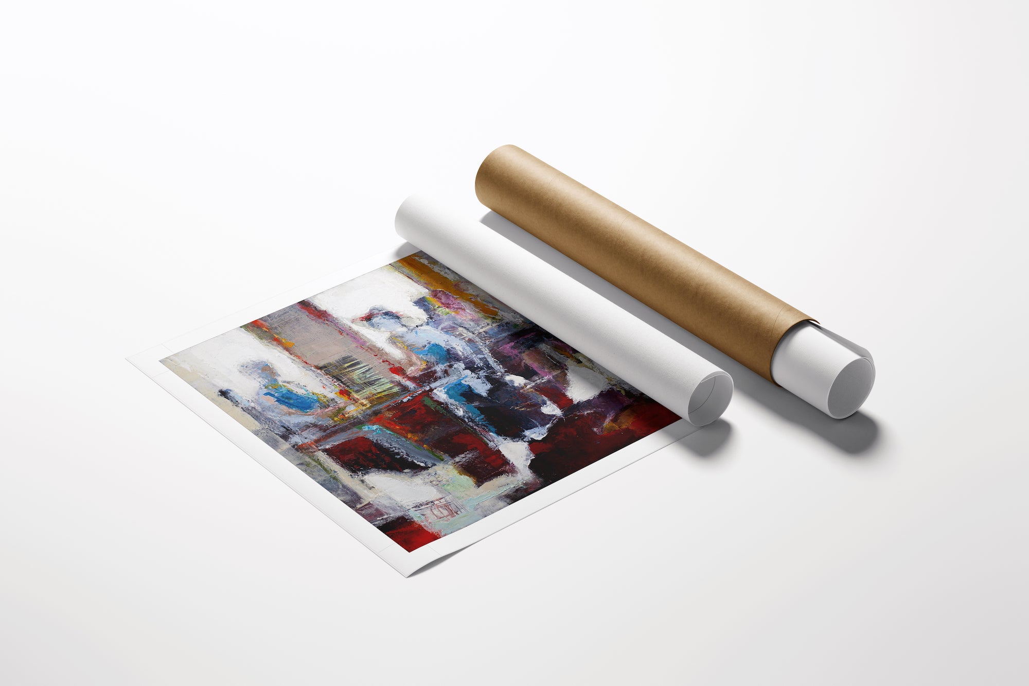 Abstract figurative fine art print titled Sunday Brunch with rich reds, blues, and white tones on rolled canvas next to a. - Sunday Brunch/#377 - Abstract LE, Figurative LE, Limited Editions, Rolled Canvas