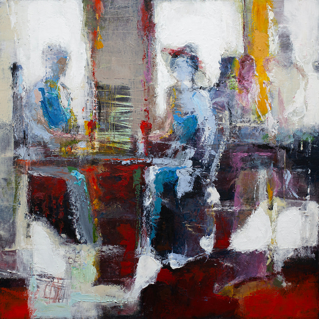 Abstract figurative fine art painting featuring four seated figures in muted blues, reds, and yellows on a rich textured. - Sunday Brunch/AP/#377 - Abstract AP, Artist Proofs, Figurative AP, Rolled Canvas