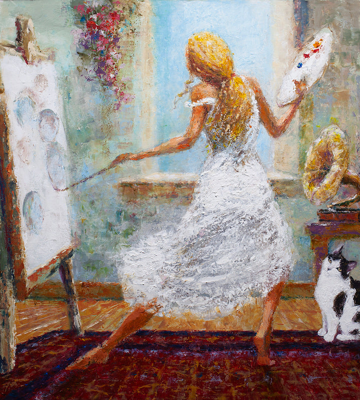 Fine art canvas showing a dancer in a flowing white dress painting on an easel, textured brushstrokes, rich warm tones,. - In Harmony with Love/AP/#378 - Artist Proofs, Dancers AP, Figurative AP, Rolled Canvas