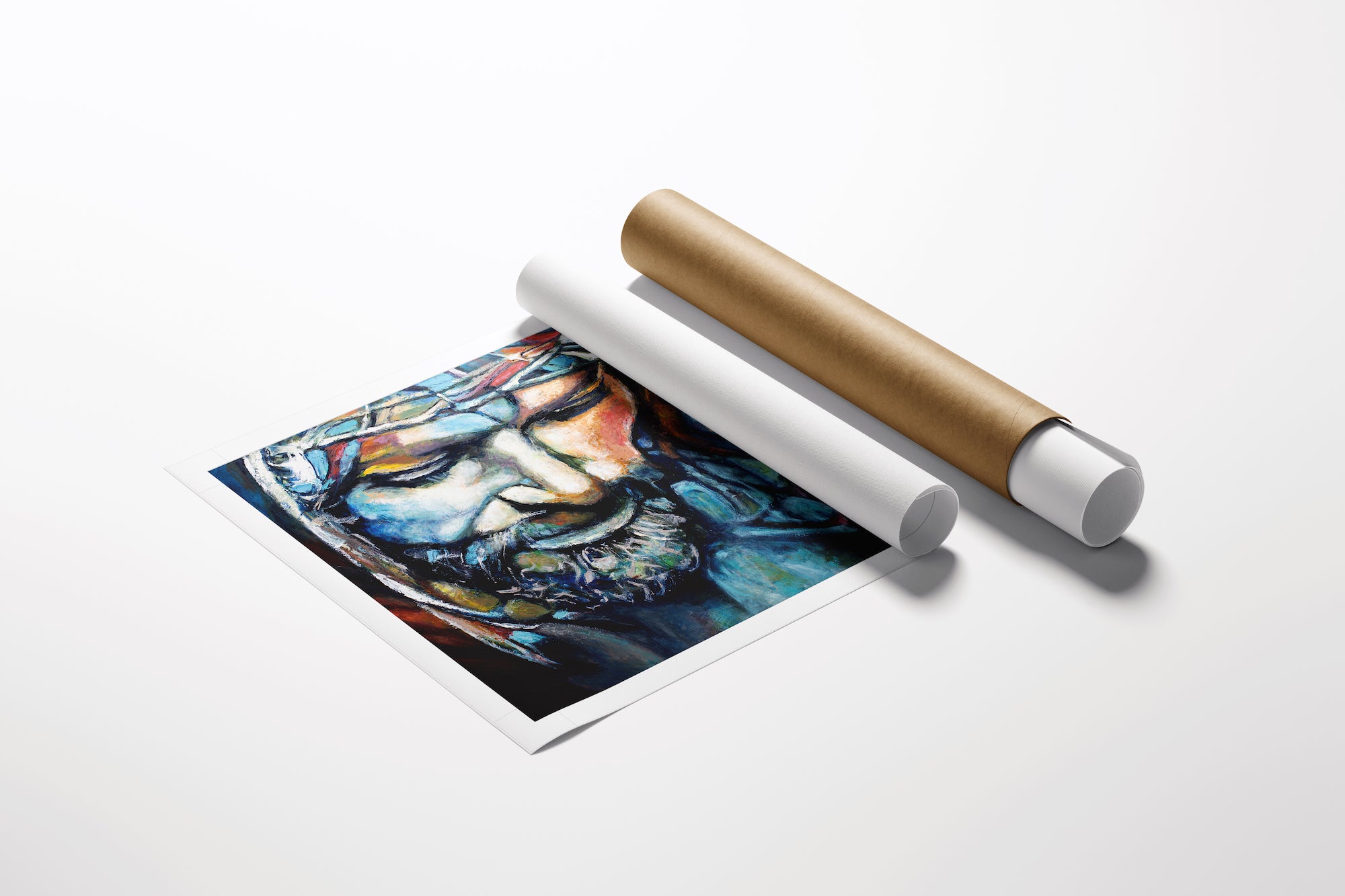 Limited fine art print of a vibrant figurative portrait with rich blues and reds on high-quality rolled canvas, showcasing. - Jesus/AP/#379 - Artist Proofs, Figurative AP, Rolled Canvas