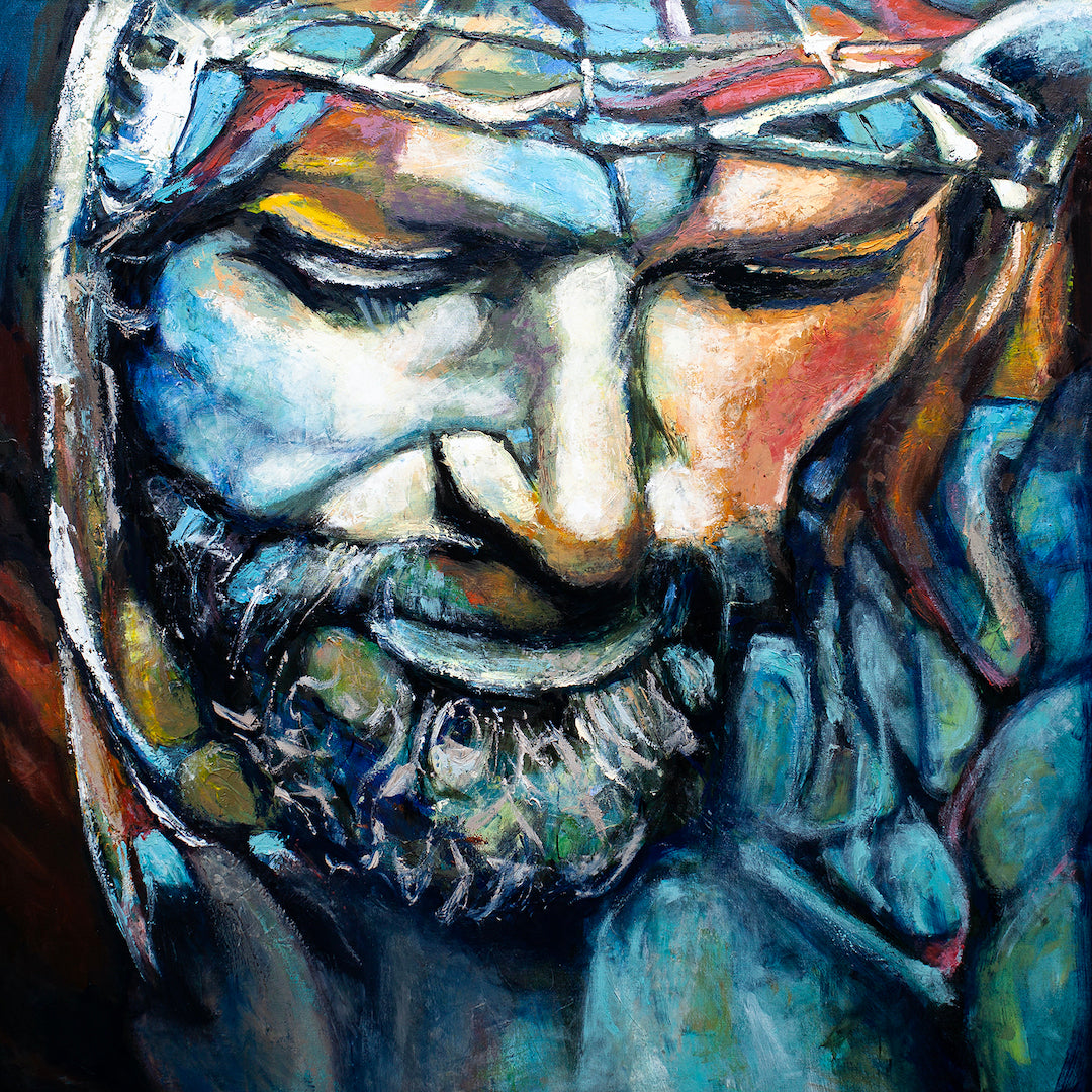 Richly textured fine art portrait of Jesus with expressive brushstrokes in deep blues, oranges, and whites, showcasing. - Jesus/AP/#379 - Artist Proofs, Figurative AP, Rolled Canvas