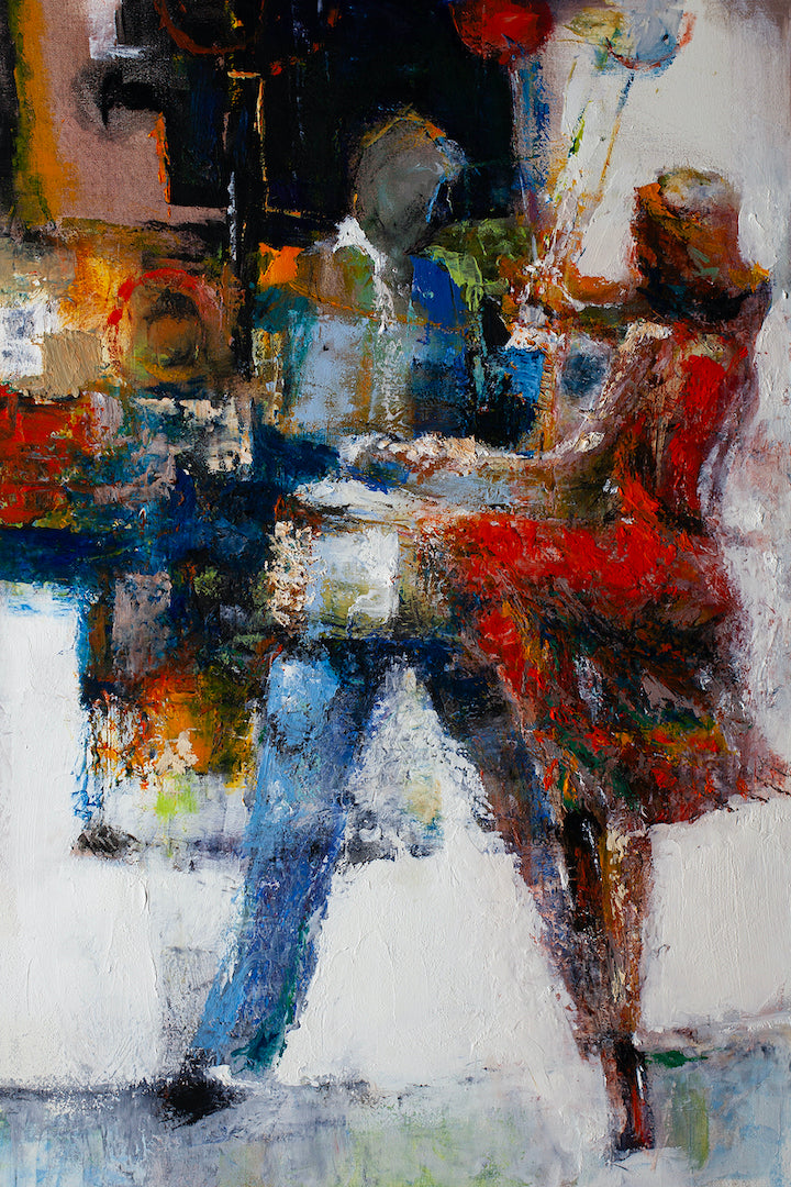 Rich, gallery-level abstract figurative painting with textured brushstrokes in deep blues, reds, and earthy tones on rolled. - Celebration/AP/#382 - Abstract AP, Artist Proofs, Figurative AP, Rolled Canvas