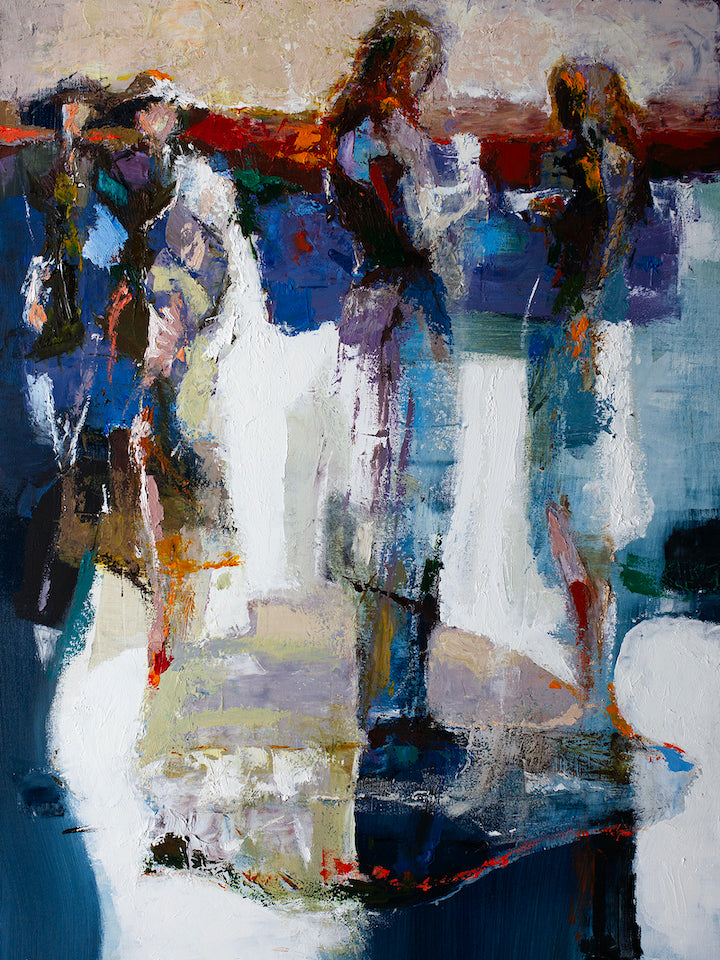 Rich abstract figurative artwork in deep blues, whites, and warm earth tones on rolled canvas, showcasing gallery-level. - Proposal/AP/#383 - Abstract AP, Artist Proofs, Figurative AP, Rolled Canvas
