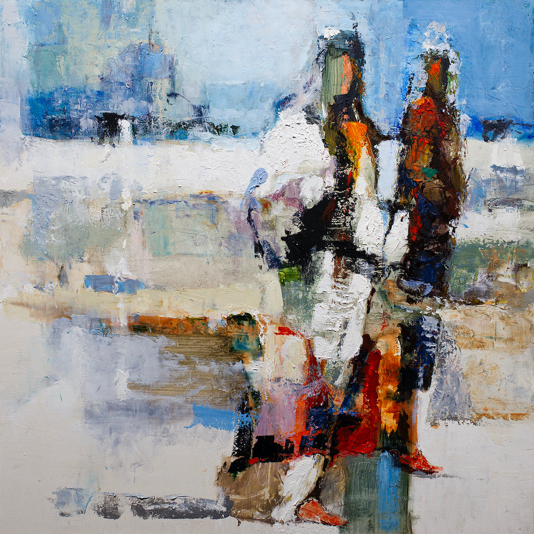 Abstract fine art with rich textures and layered brushstrokes in muted blues, whites, and warm earth tones, showcasing. - Messiah/AP/#384 - Abstract AP, Artist Proofs, Rolled Canvas