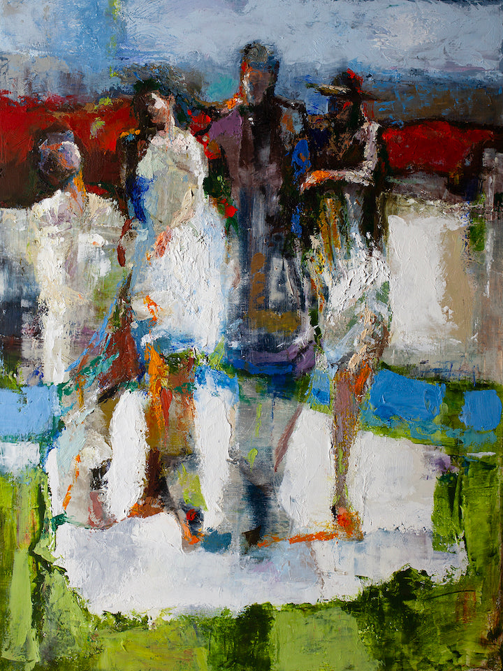 Abstract figurative fine art on rolled canvas depicting four blurred human figures in rich blues, greens, and earthy tones. - Family/AP/#385 - Abstract AP, Artist Proofs, Figurative AP, Rolled Canvas
