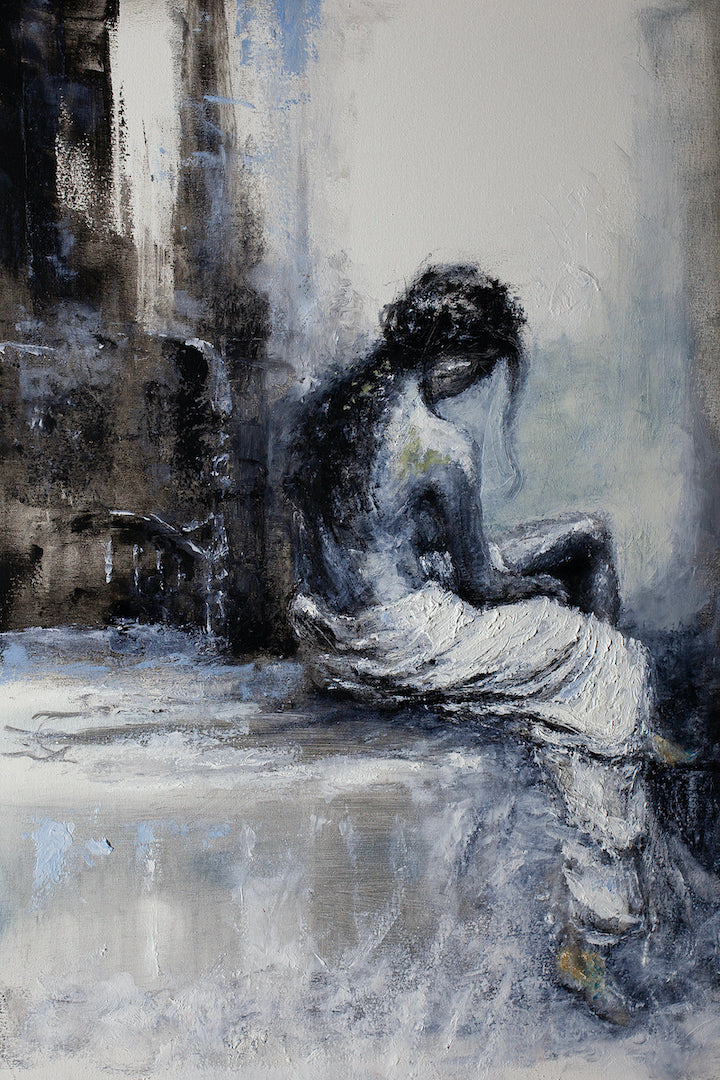 Contemplative figurative artwork in muted blues and grays, depicting a seated woman with rich brushstrokes on textured. - Contemplation/AP/#386 - Artist Proofs, Figurative AP, Rolled Canvas