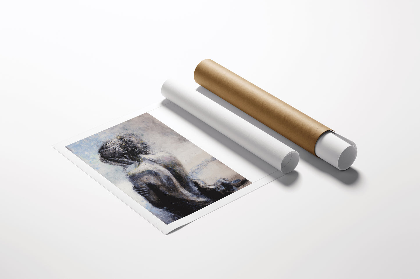 Limited fine art rolled canvas featuring rich, detailed figurative woman in dark tones with blue accents, showcasing. - Warmth/AP/#387 - Artist Proofs, Figurative AP, Rolled Canvas