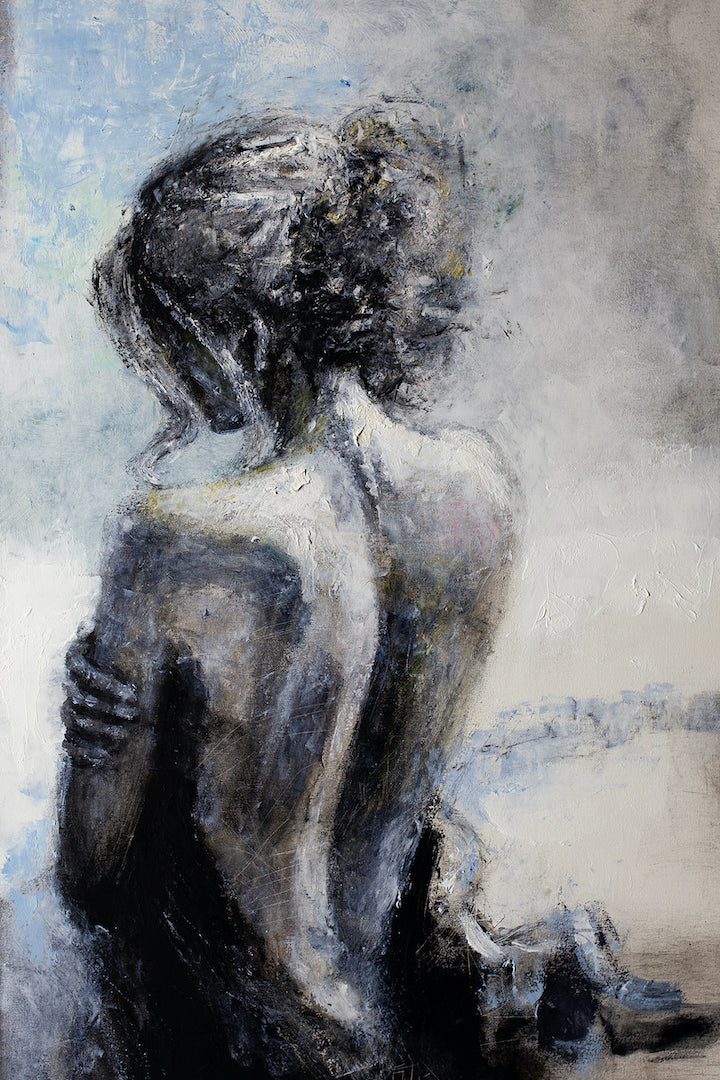 Limited edition fine art canvas featuring a rich, textured figurative AP of a seated woman with her back turned, rendered in . - Warmth/AP/#387 - Artist Proofs, Figurative AP, Rolled Canvas