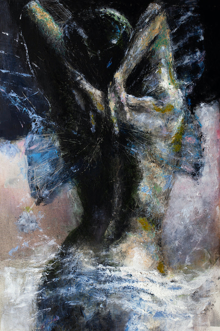 Gallery-level fine art showing a rich, textured figurative figure with dark wings, dynamic brushwork, and strong. - Wings/AP/#388 - Artist Proofs, Figurative AP, Rolled Canvas