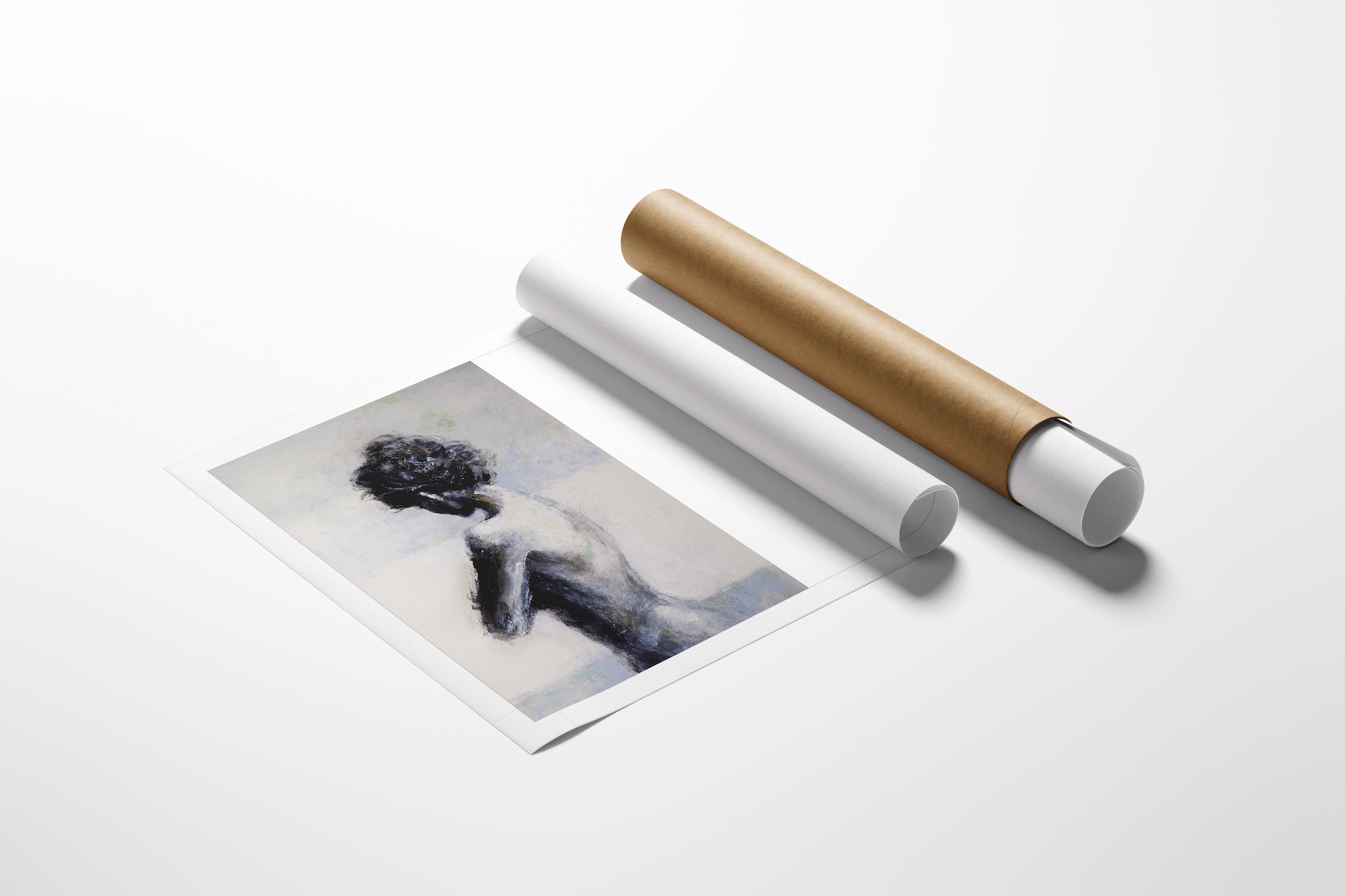 Limited fine art figurative print on white rolled canvas, showcasing rich, gallery-level craftsmanship next to protective. - Innocence/AP/#389 - Artist Proofs, Figurative AP, Rolled Canvas