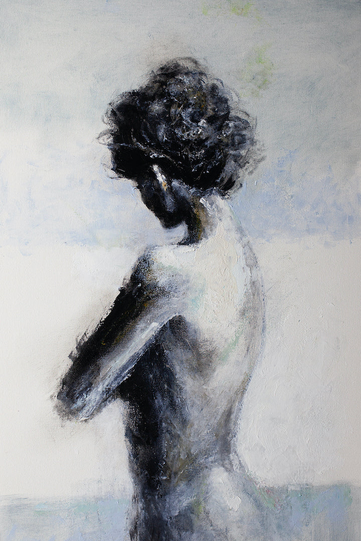 Limited fine art figurative painting of a woman’s back in soft muted tones, showcasing rich craftsmanship on gallery-level. - Innocence/AP/#389 - Artist Proofs, Figurative AP, Rolled Canvas