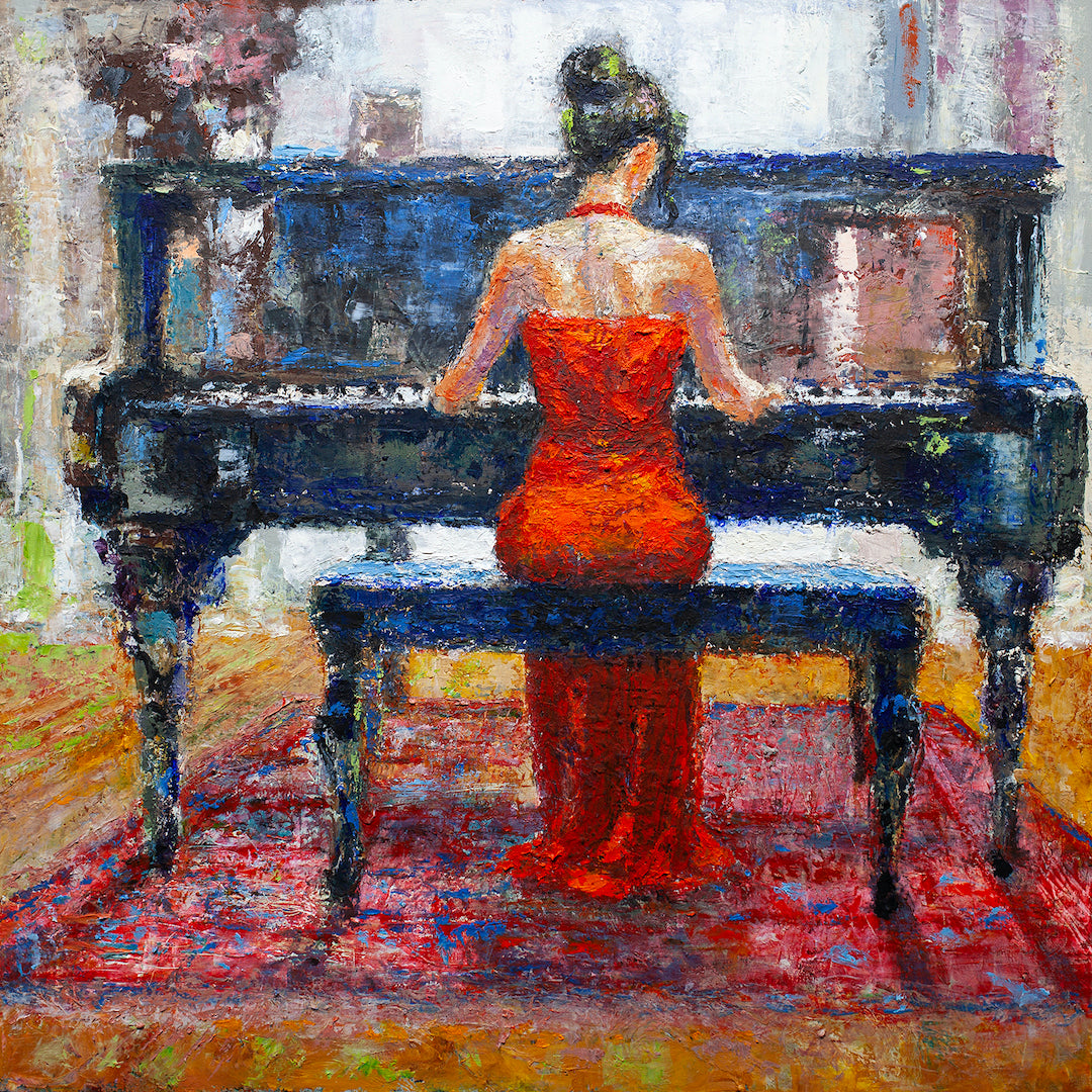 Richly textured fine art painting of a woman in a red dress seated at a grand piano, showcasing gallery-level craftsmanship. - Excellence/AP/#390 - Artist Proofs, Figurative AP, Rolled Canvas, Women & Piano AP