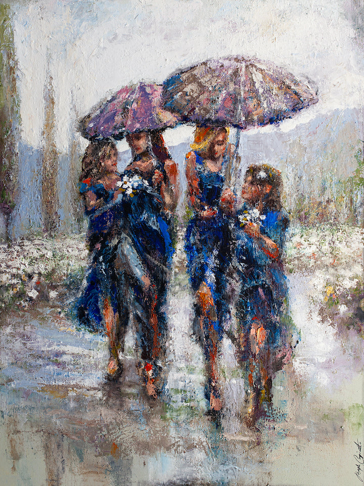 Rich, textured fine art painting of four figures walking with umbrellas in a rainy street, showcasing expert craftsmanship. - Showers & Flowers/AP/#391 - Artist Proofs, Figurative AP, Rolled Canvas
