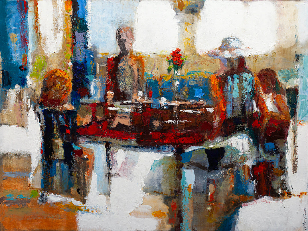 Rich, gallery-level abstract figurative painting depicting seated figures around a table in warm earth tones and blues,. - Family Vacation/AP/#392 - Abstract AP, Artist Proofs, Figurative AP, Rolled Canvas