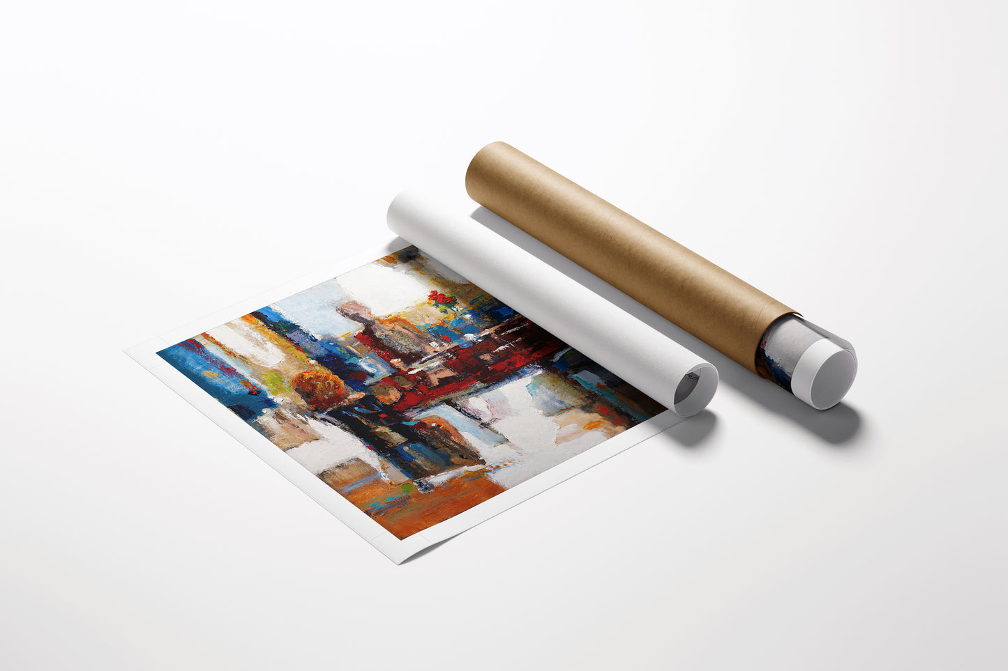 Rolled canvas fine art print featuring rich, abstract figurative elements in warm tones beside brown and white protective. - Family Vacation/AP/#392 - Abstract AP, Artist Proofs, Figurative AP, Rolled Canvas