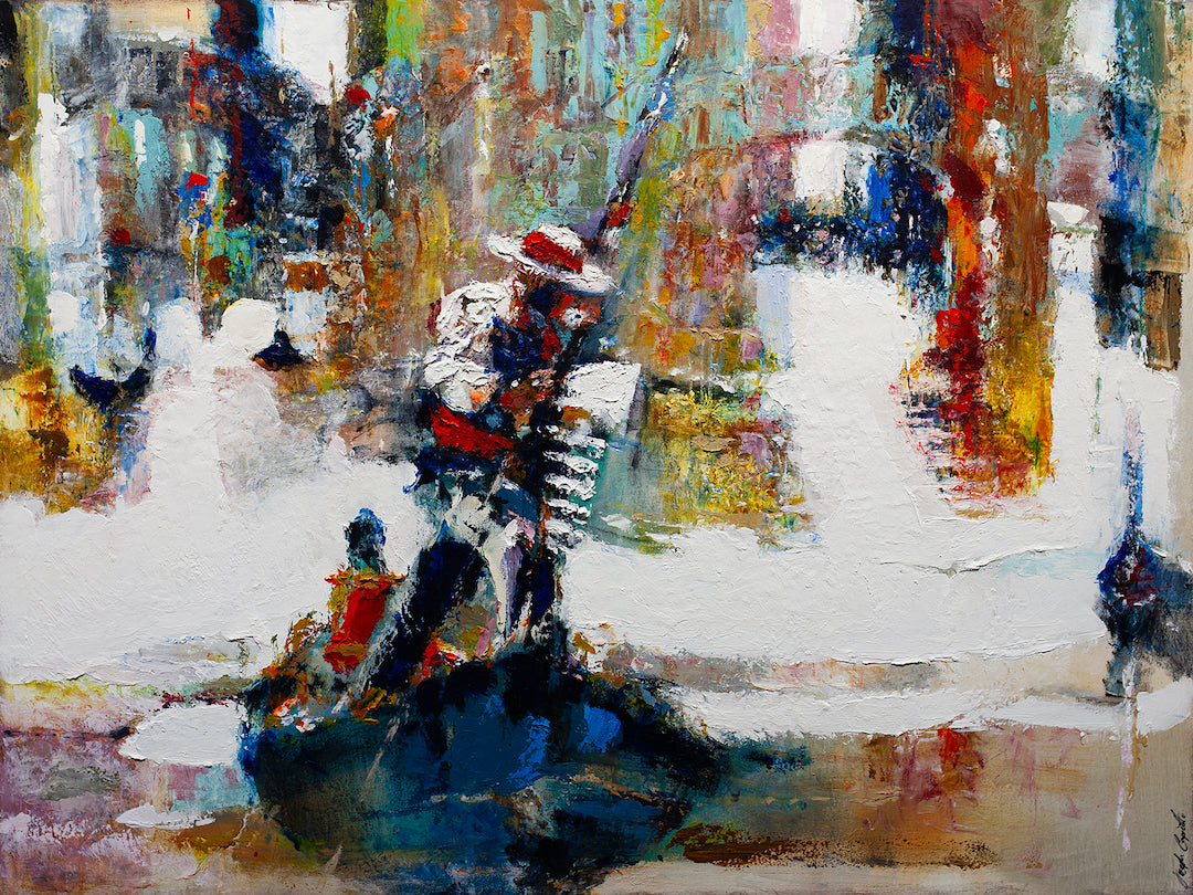 Gallery-level fine art canvas featuring a rich, abstract water scene with layered textures, vibrant blues, reds, and warm. - City of Water & Color/AP/#393 - Abstract AP, Artist Proofs, Rolled Canvas, Water Scenes AP