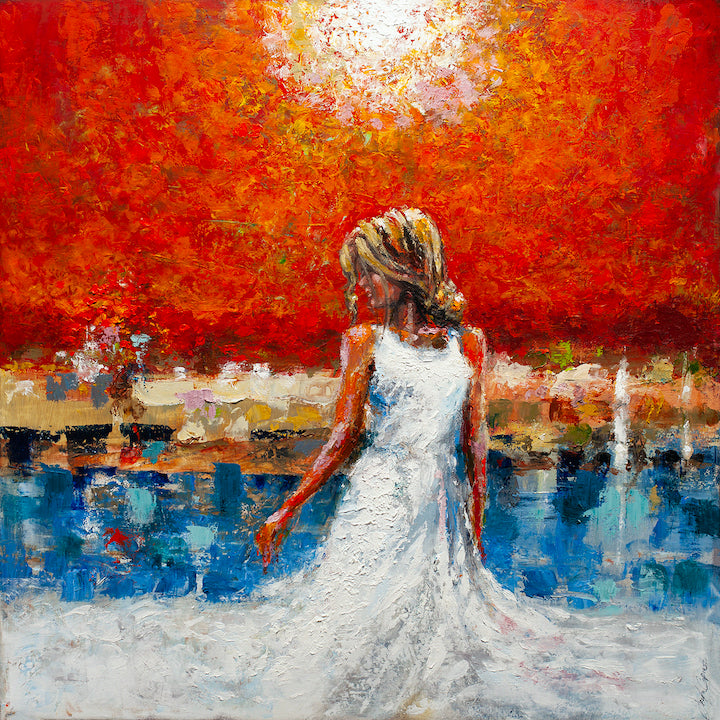 Limited fine art canvas featuring a figurative woman in a white dress by water, rich orange and blue tones, gallery-level. - Fade Away & Radiate/AP/#394 - Artist Proofs, Figurative AP, Rolled Canvas