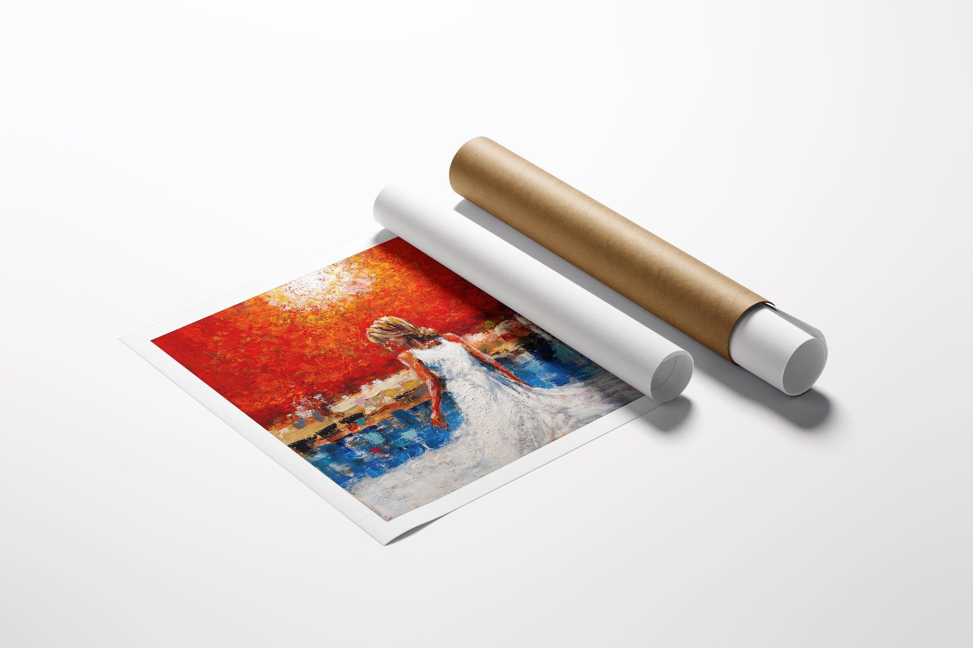 Rolled fine art canvas with rich red and blue figurative painting, showcasing gallery-level craftsmanship, quality edges,. - Fade Away & Radiate/AP/#394 - Artist Proofs, Figurative AP, Rolled Canvas