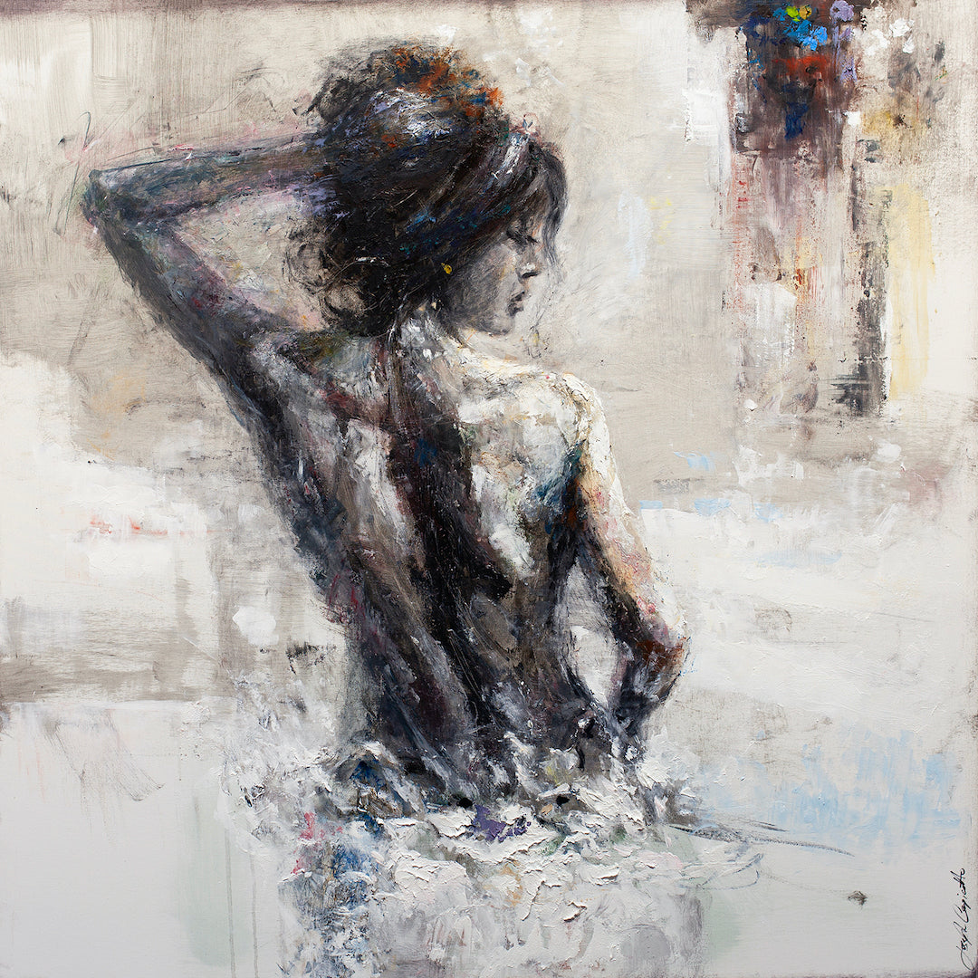 Rich, textured figurative fine art of a woman’s back with dark hair, soft neutral and earthy tones, gallery-level. - Thoughts Long Ago/AP/#395 - Artist Proofs, Figurative AP, Rolled Canvas