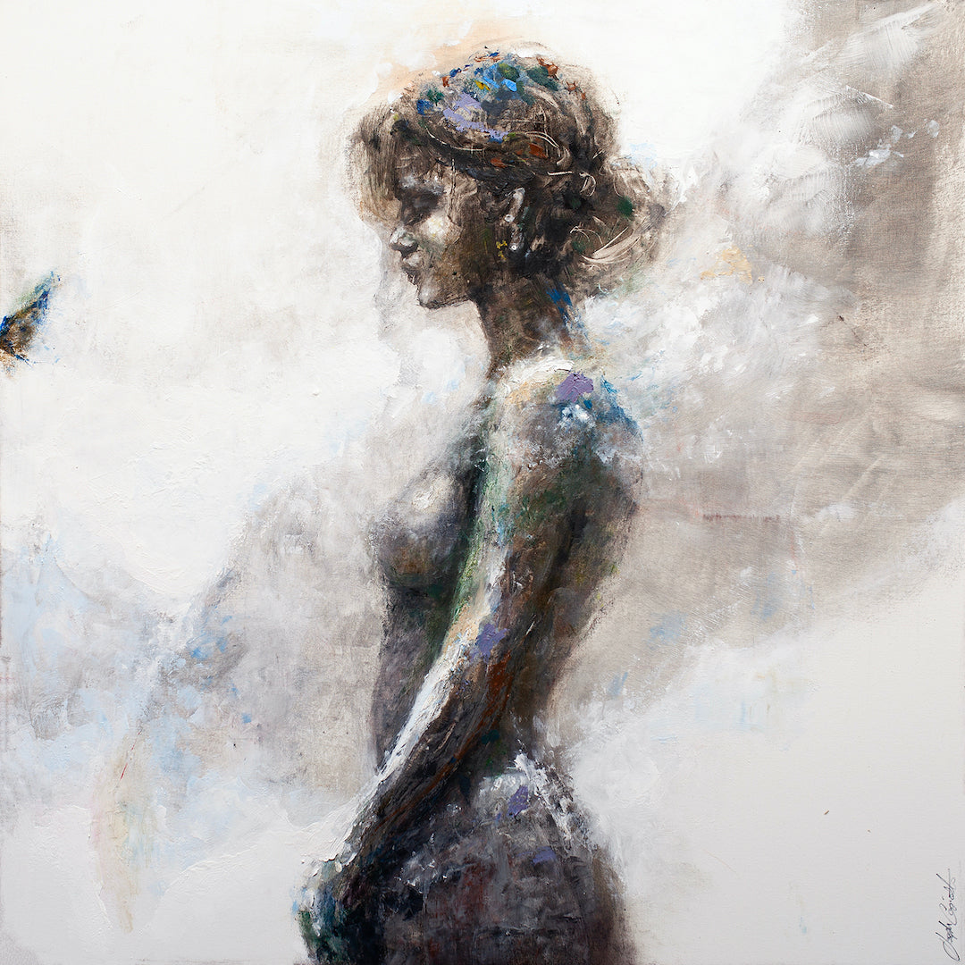 Fine art figurative canvas showing a silhouette of a woman in muted blues and browns with textured brushwork and a subtle. - Shadow Butterfly/AP/#396 - Artist Proofs, Figurative AP, Rolled Canvas