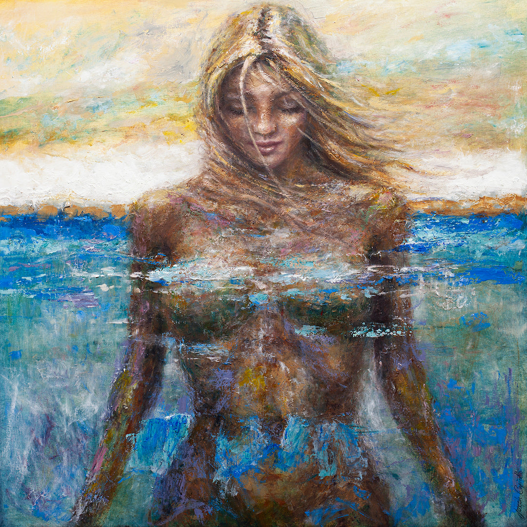 Limited fine art figurative painting titled Birth of Venus 2 featuring a rich, textured portrayal of a serene woman emerging . - Birth of Venus 2/AP/#397 - Artist Proofs, Figurative AP, Rolled Canvas