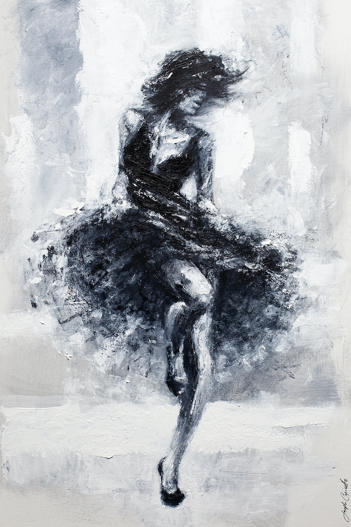 Monochrome fine art painting of a dynamic dancer in motion, rich texture with expressive brushstrokes on rolled canvas,. - Vibes/AP/#398 - Artist Proofs, Dancers AP, Figurative AP, Rolled Canvas