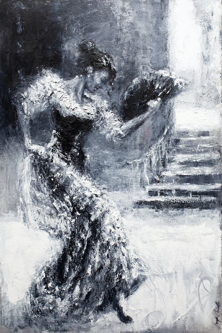 Monochrome fine art painting of a female dancer in a flowing dress with raised arm, rich brushstrokes, gallery-level. - Touch/AP/#399 - Artist Proofs, Dancers AP, Figurative AP, Rolled Canvas