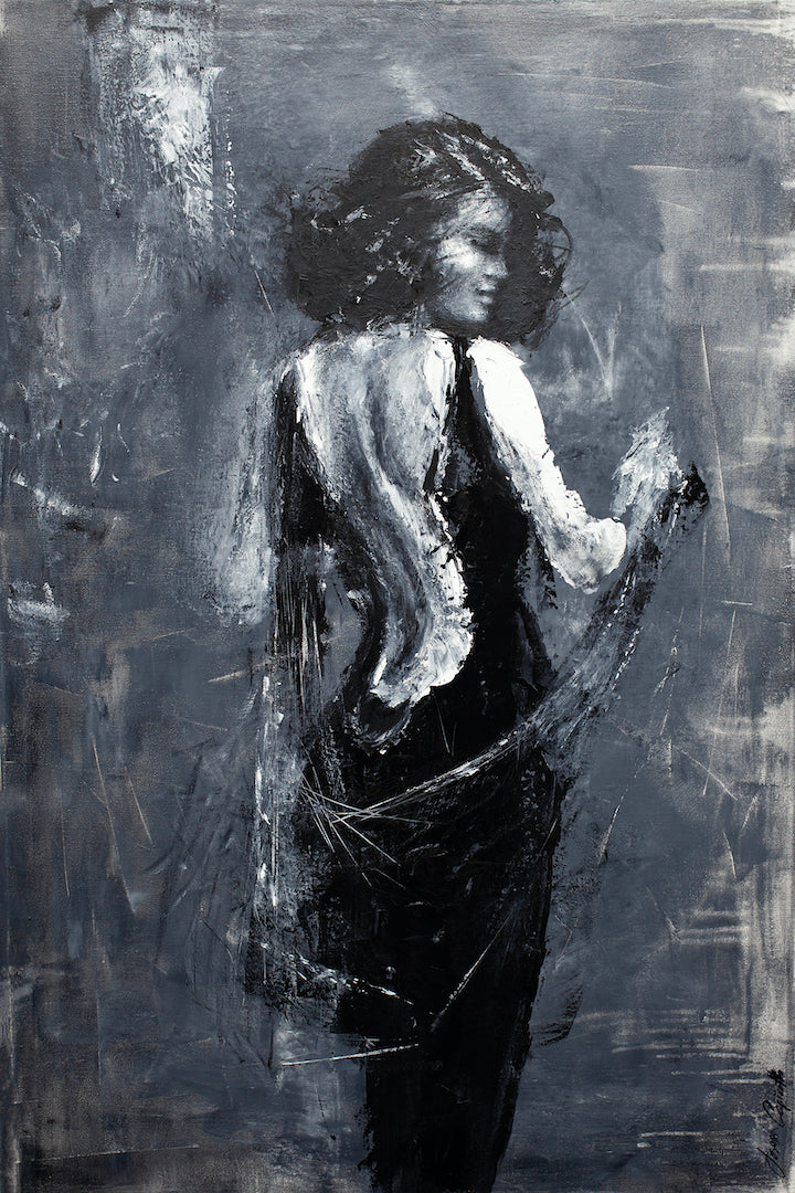 Limited fine art figurative painting on canvas featuring a sensual female figure in a flowing black dress, rendered with. - Sensual/AP/#400 - Artist Proofs, Figurative AP, Rolled Canvas