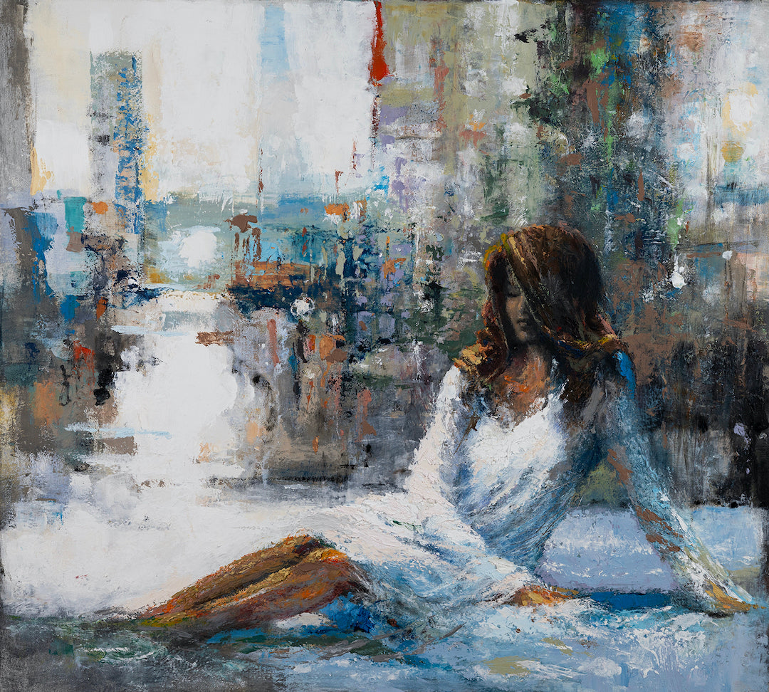 Gallery-level figurative painting of a woman in a white dress seated by water, rich blues and earth tones, textured. - Serenity/AP/#402 - Artist Proofs, Figurative AP, Rolled Canvas
