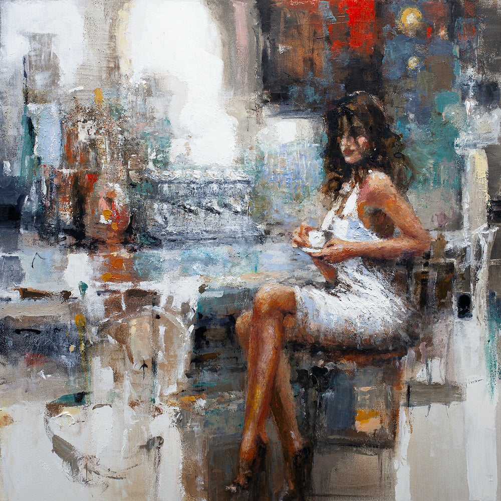 Limited fine art painting of a woman in a white dress seated in an abstract, richly textured café setting with warm and cool . - Espresso Corto/AP/#404 - Artist Proofs, Figurative AP, Rolled Canvas