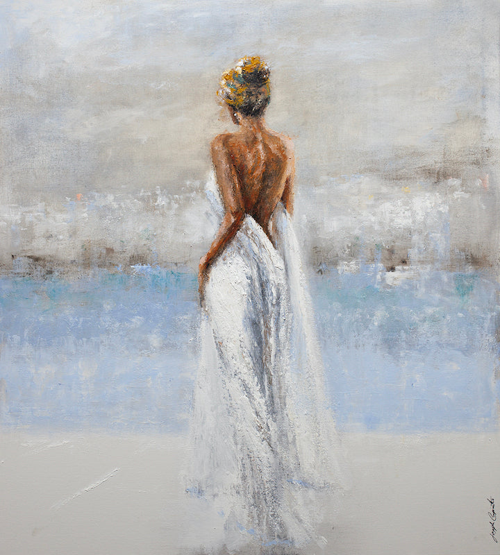 Limited gallery-level fine art of a figurative woman in a flowing white dress, textured rolled canvas with rich. - Palace/AP/#405 - Artist Proofs, Figurative AP, Rolled Canvas