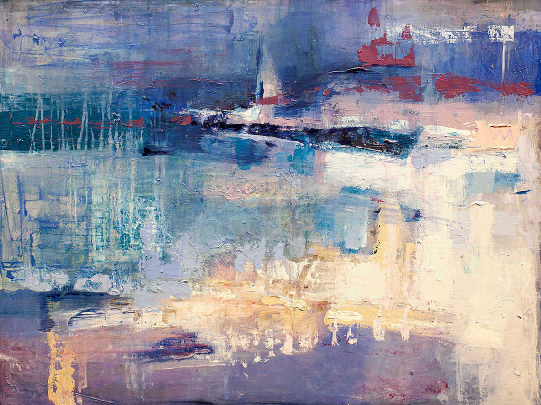 Abstract expressionist canvas with rich blues, purples, and creamy whites, showcasing fine art craftsmanship and. - Friday Night/AP/#407 - Abstract AP, Artist Proofs, Rolled Canvas