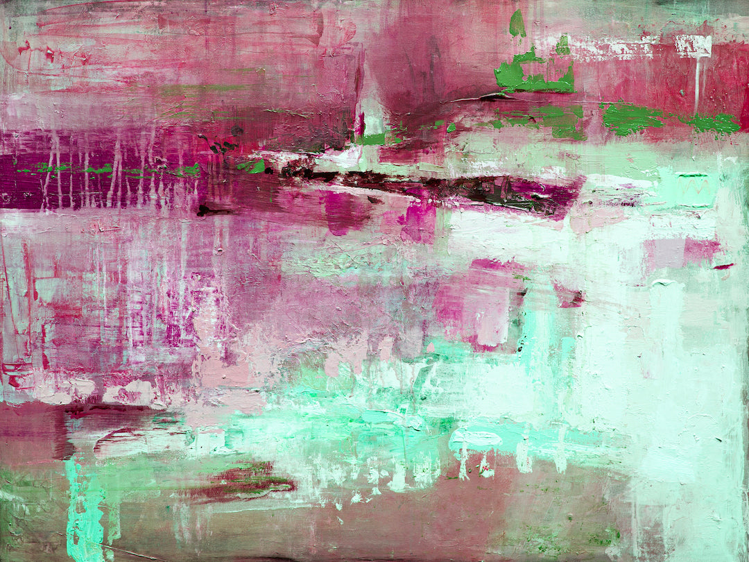 Rich abstract fine art canvas featuring textured purples, reds, and greens with layered brushstrokes and dynamic composition. - Friday Night/#407/D - Abstract, Color, Greens, Prints, Purples, Reds, Subject Matter