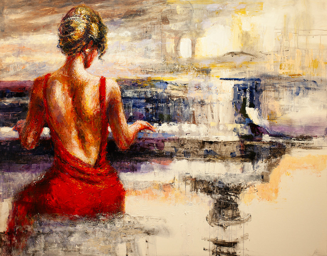 Fine art gallery-level painting of a woman in a red dress playing piano, rich textures, warm tones, skilled craftsmanship. - Piano Dreams/AP/#408 - Artist Proofs, Figurative AP, Rolled Canvas, Women & Piano AP