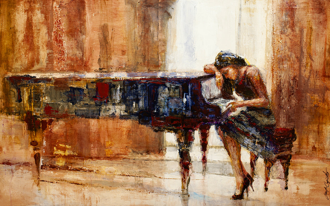 Fine art gallery-level painting of a woman in a black dress seated at a grand piano, rendered with rich texture and warm. - Sophia's Song/AP/#409 - Artist Proofs, Figurative AP, Rolled Canvas, Women & Piano AP