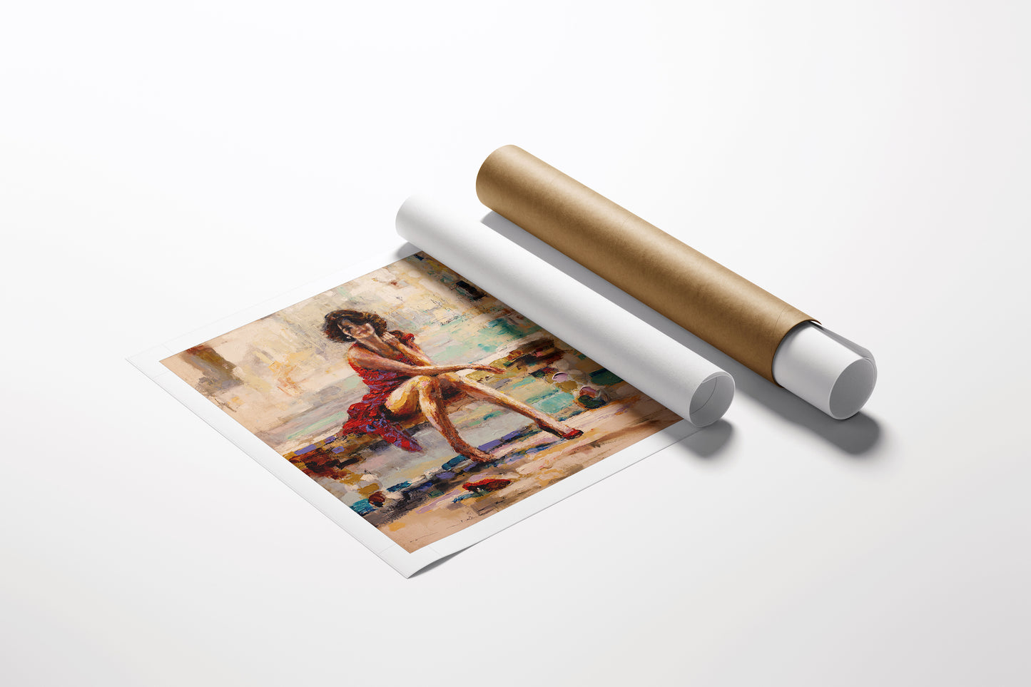 Limited edition fine art print on rolled canvas depicting a rich, figurative scene with warm tones, highlighting. - Fall Into Another Place/AP/#410 - Artist Proofs, Figurative AP, Rolled Canvas