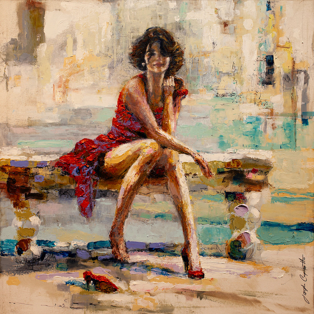 Richly textured fine art painting of a seated woman in a vibrant red dress with dark curly hair, rendered with gallery-level . - Fall Into Another Place/AP/#410 - Artist Proofs, Figurative AP, Rolled Canvas
